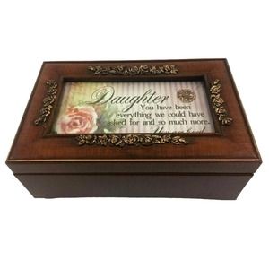 Wooden Jewelry Music Box Plays Daughter "You Light Up My Life" 4.5 x 2 Photo Top